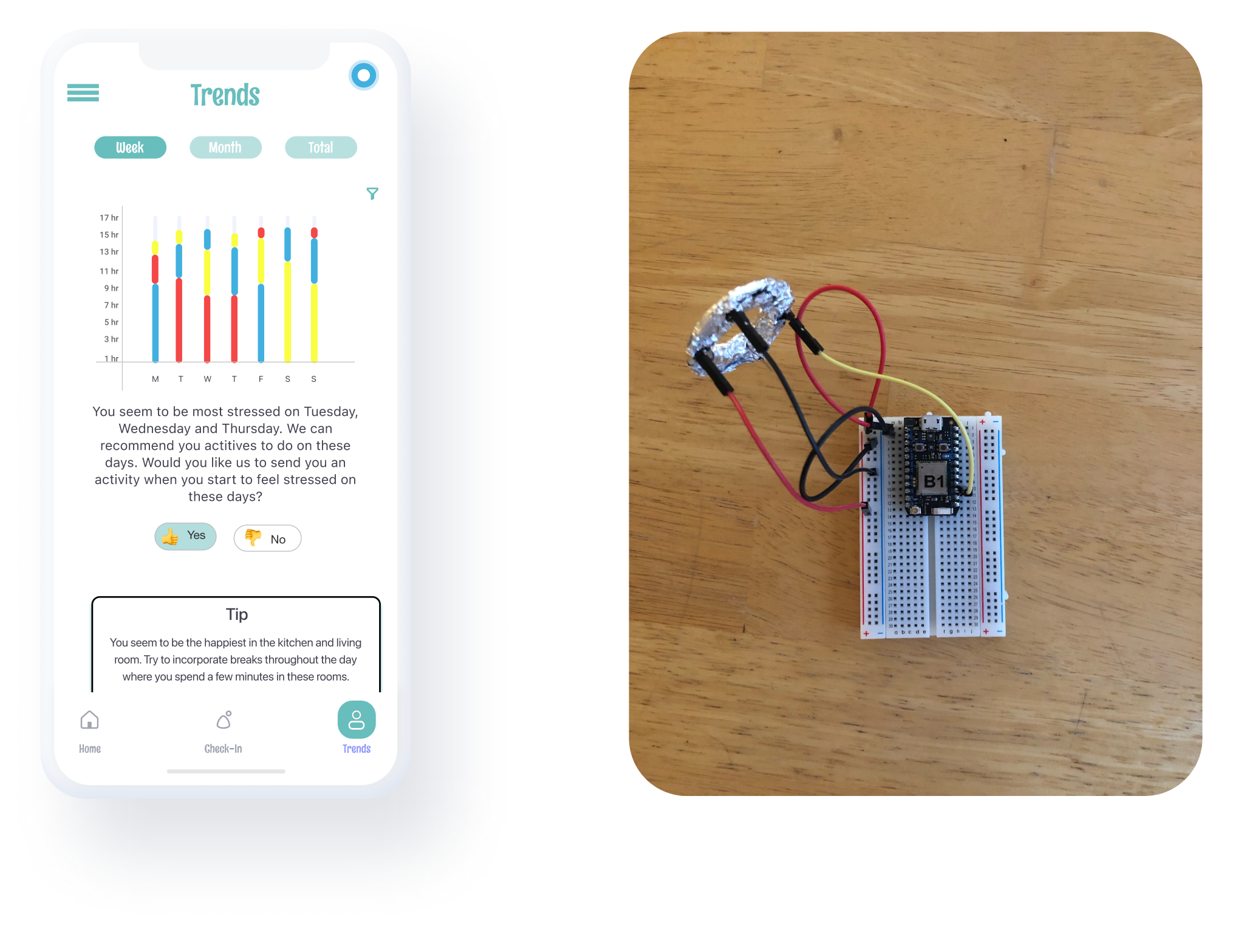 illustrated mockup of an app and a photo of a breadboard