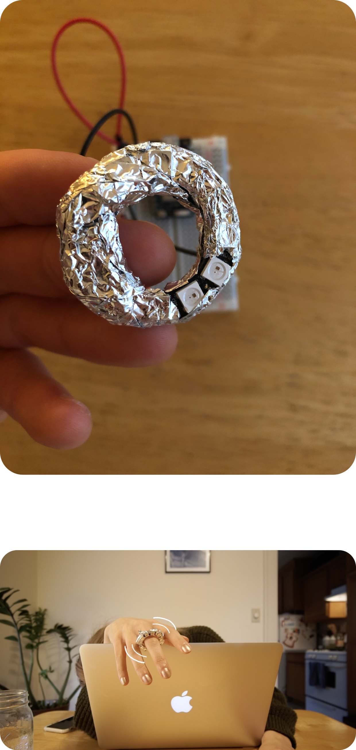 Close-up of an aluminum foil covered LED ring. A woman's hand over an apple macbook wearing the ring.