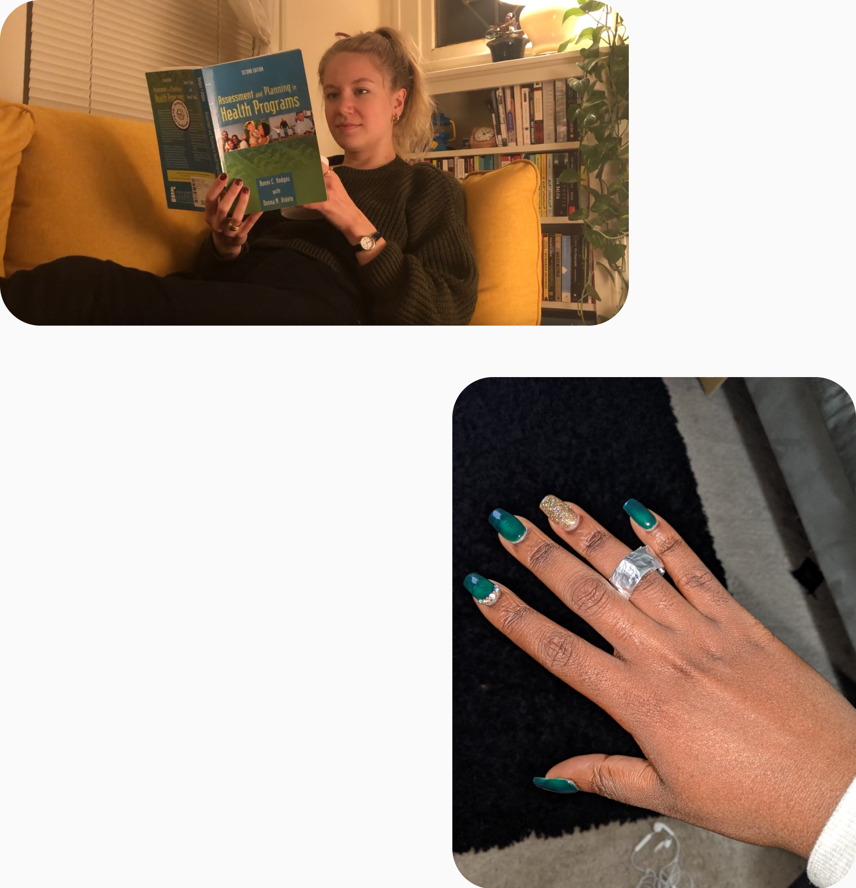 two images: one is a woman reading a book and the other is a hand with an aluminum foil ring