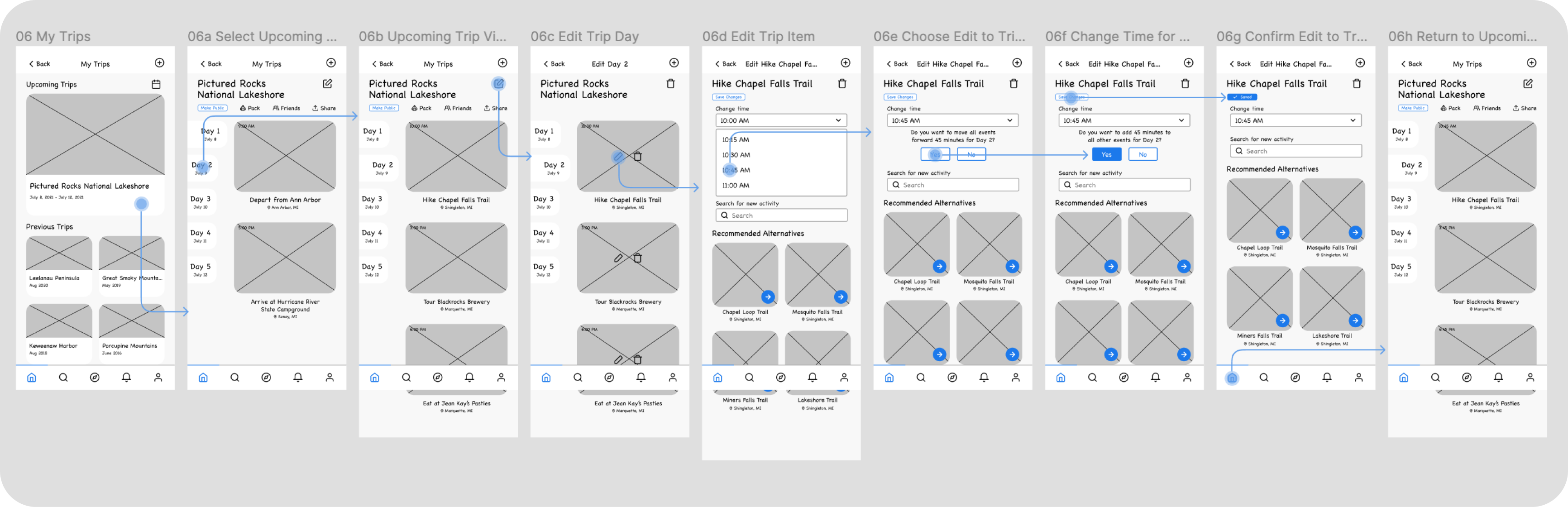 several app screens showing rudimentary design layouts and basic interactions between each screen