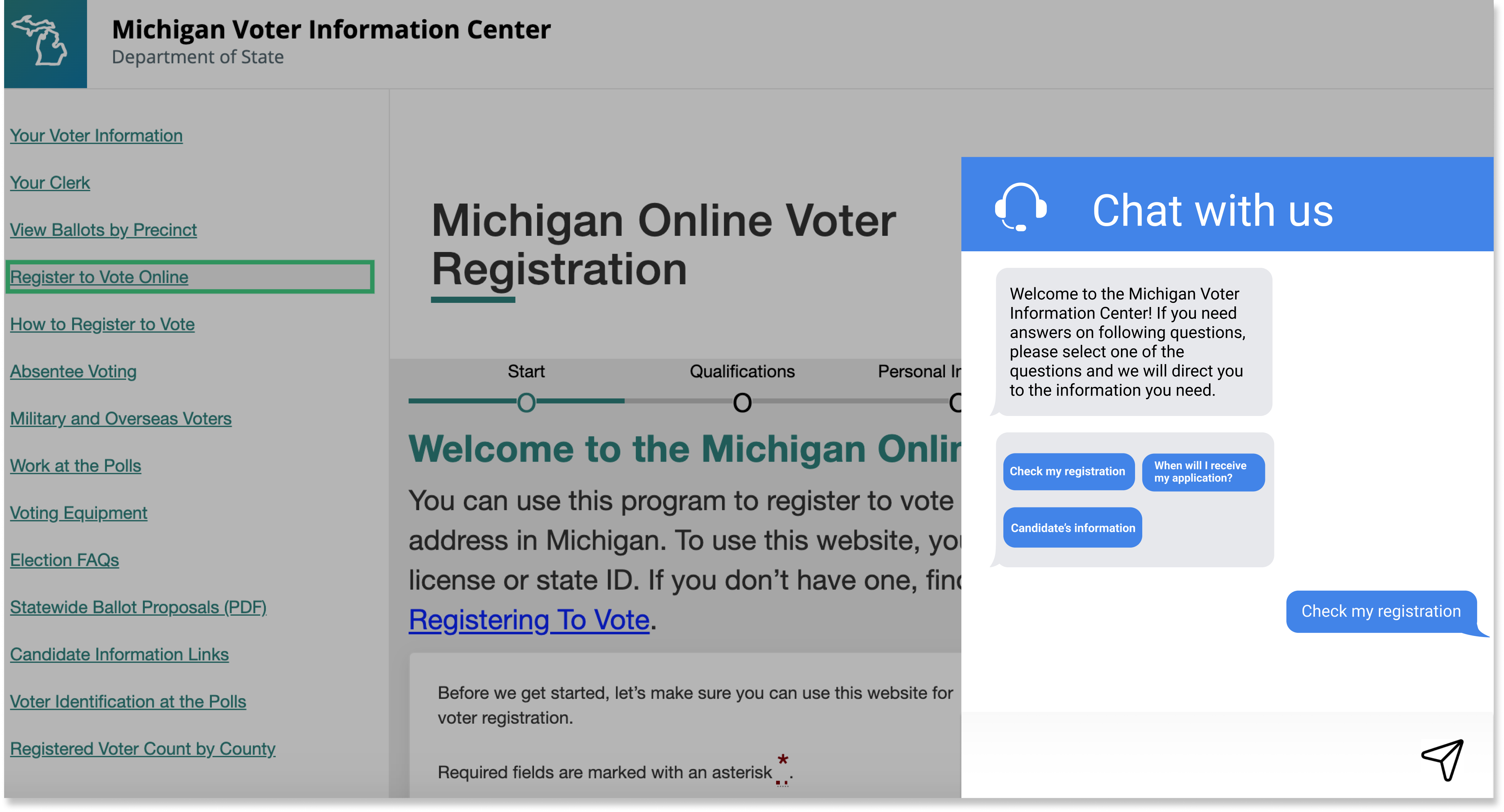 the Michigan voter information center webpage with a chat box highlighted