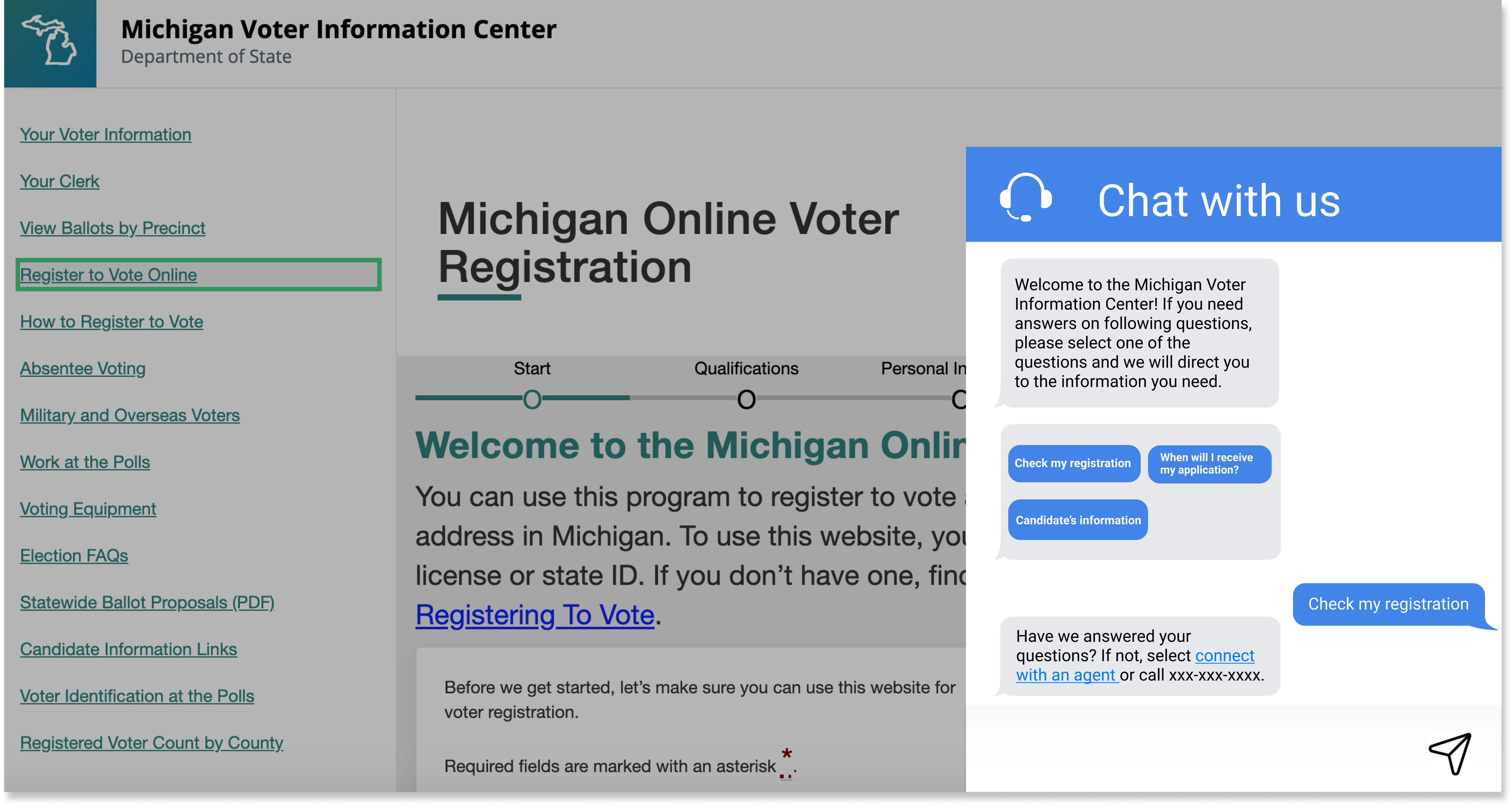 another Michigan voter information center webpage with a chat box highlighted