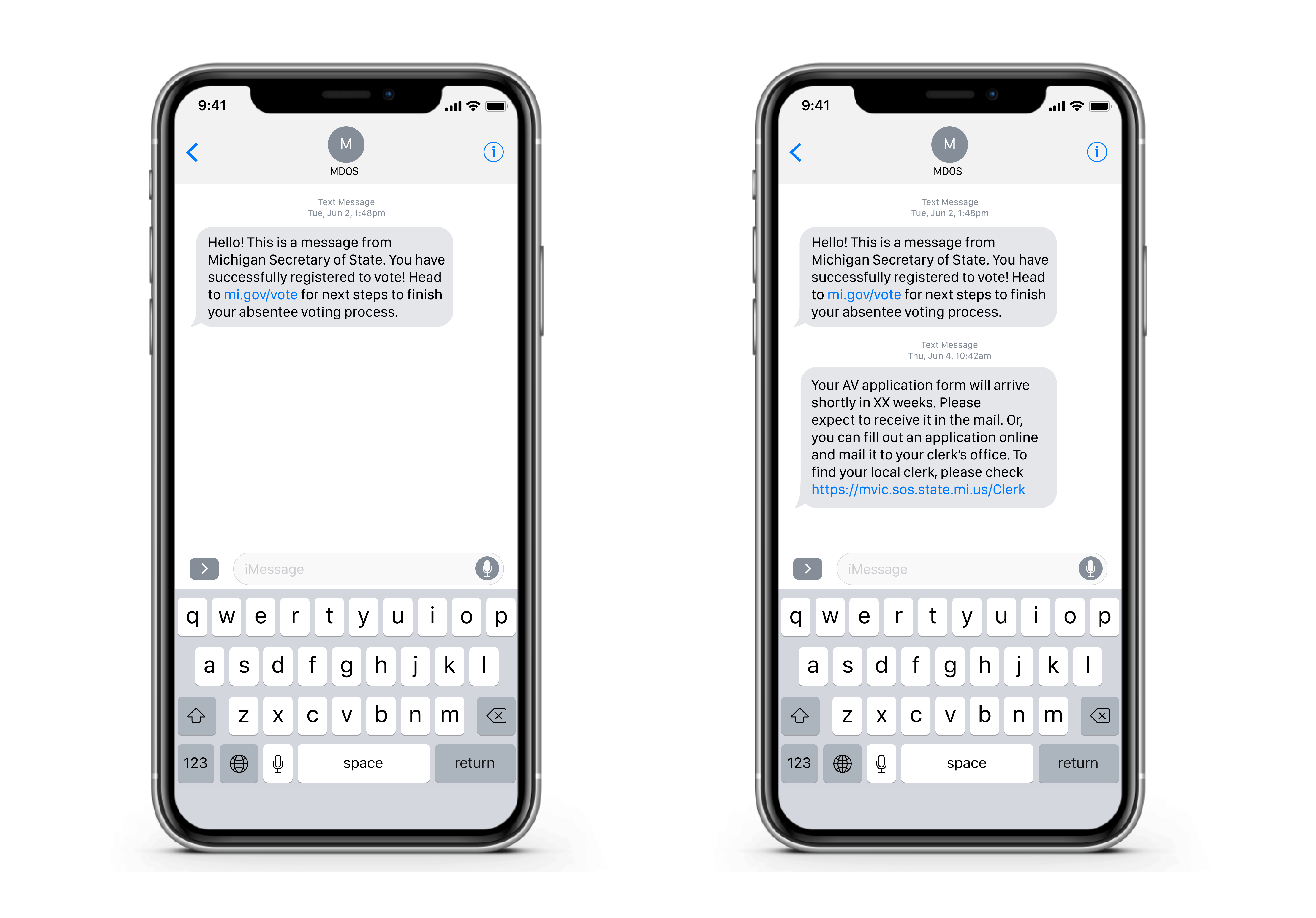 two iPhone screens with iMessages from the Michigan Department of State