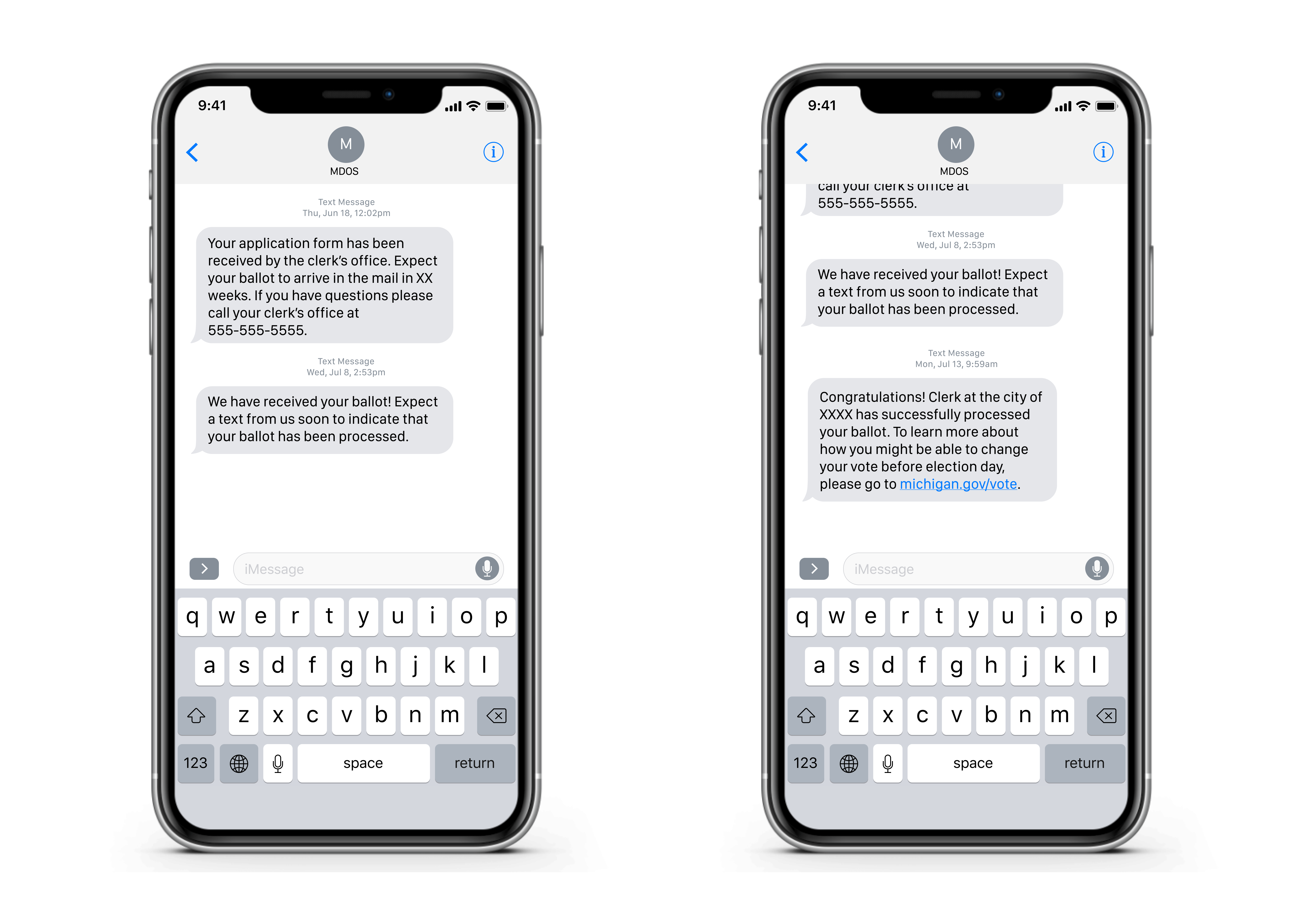 another two iPhone screens with iMessages from the Michigan Department of State